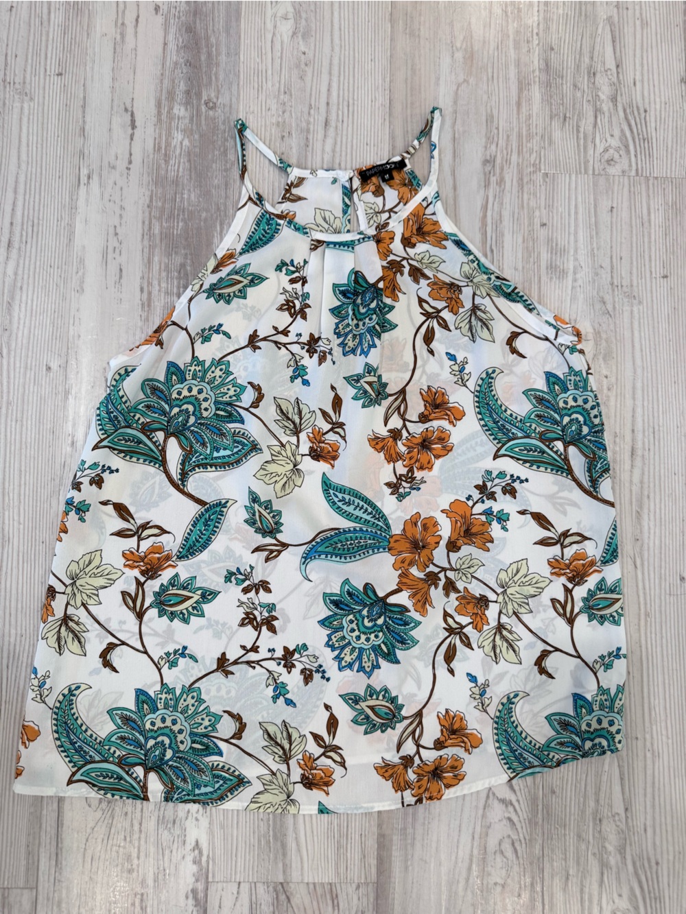 Papermoon White Floral Halter Tank with Teal & Orange Accents